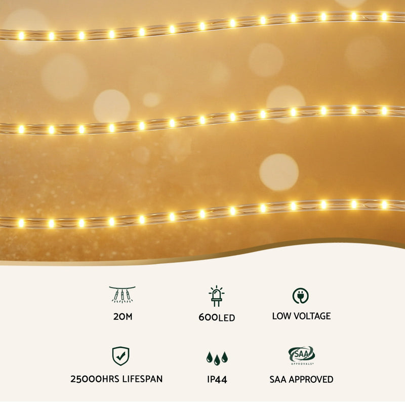 20M Christmas Lights String Rope Light 600 LED Warm