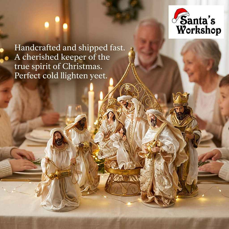 45cm Gold & White Holy Family Nativity Set with Three Wise Men