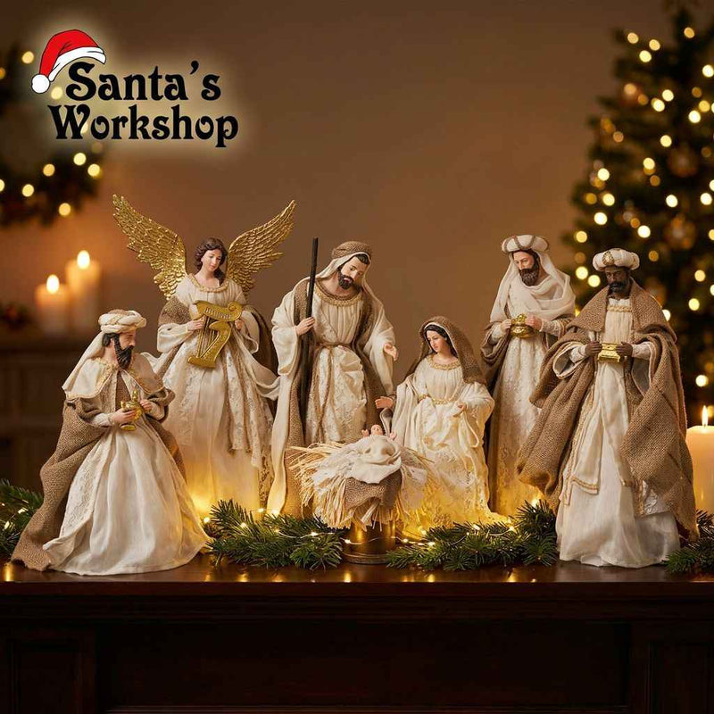 45cm Handmade Nativity Set with Angel & Three Wise Men – Beige & White