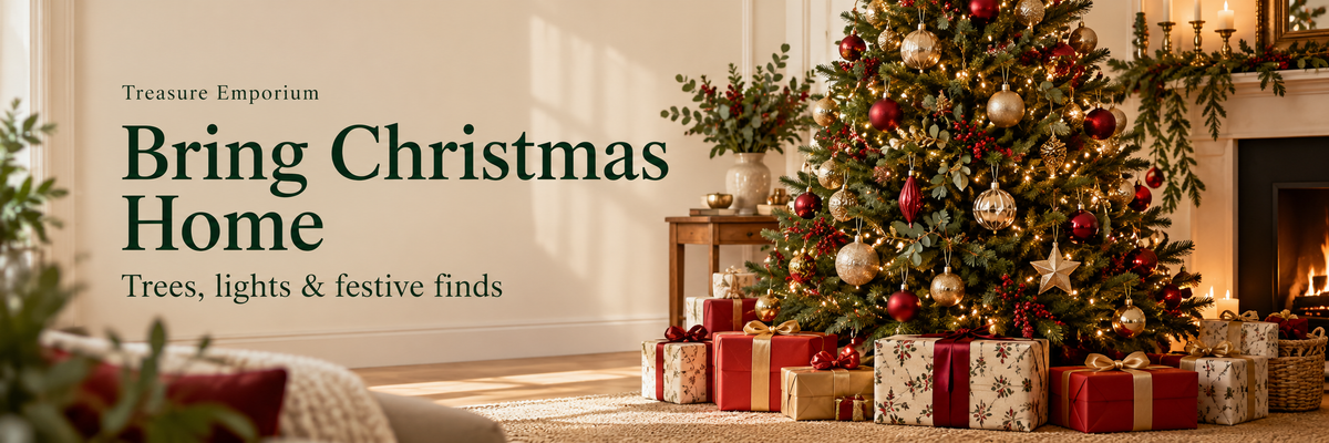 Bring Christmas Home — Trees, lights and festive finds at Treasure Emporium. Decorated Christmas tree and wrapped presents.