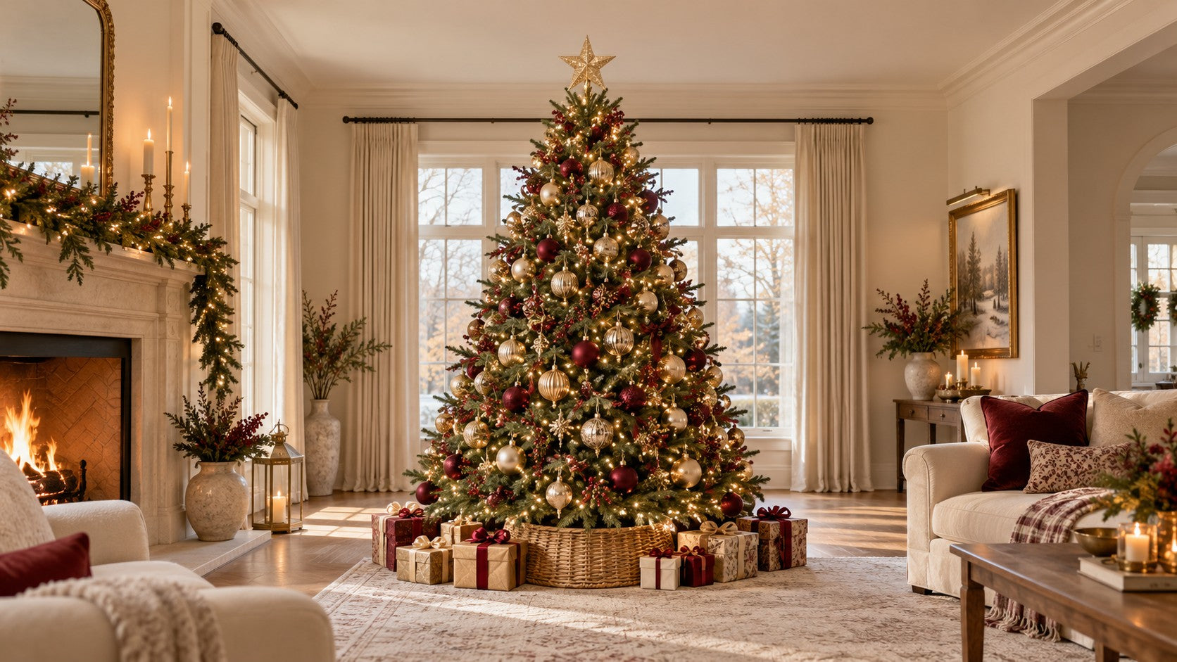 Decorated Christmas tree with a gold star, warm lights and gifts